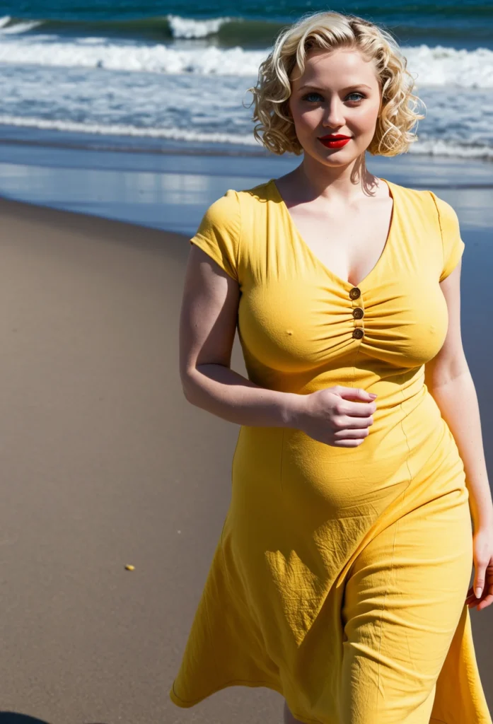 The image shows a woman in a bright yellow dress standing on the beach, with the sun shining down on her and the waves of the ocean lapping against the shore in the background.