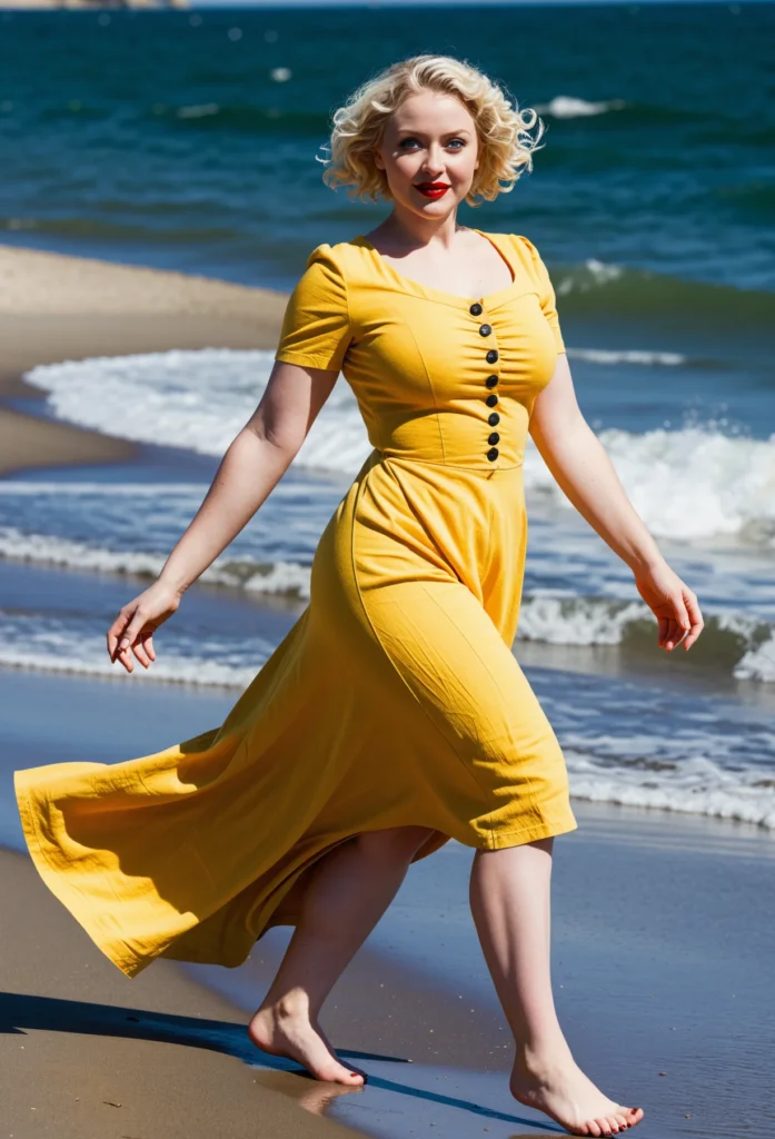 The image shows a woman in a bright yellow dress walking on the beach, with the sea and sky in the background.