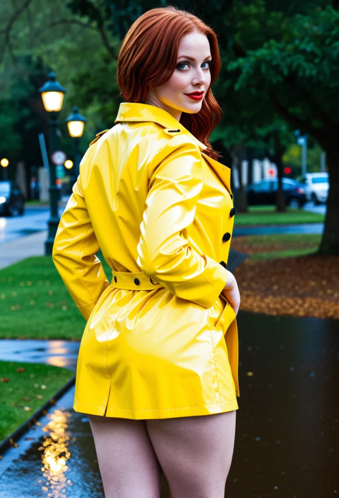 The image shows a woman in a bright yellow raincoat standing in the rain, surrounded by street light poles, vehicles on the road, trees, and grass.
