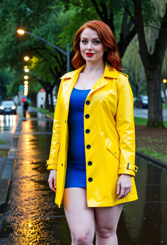 The image shows a woman in a bright yellow raincoat and blue dress standing on a wet road surrounded by trees, light poles, and vehicles. The background is slightly blurred, giving the image a dreamy feel.