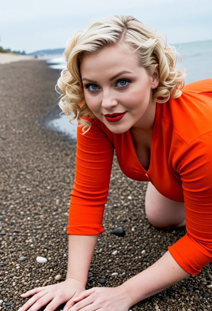 The image shows a woman in an orange dress laying on the beach, surrounded by stones and with the water and sky in the background.