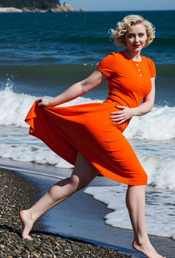 The image shows a woman in an orange dress standing on the beach, with the sea in the background, a hill in the distance, and a clear blue sky above.