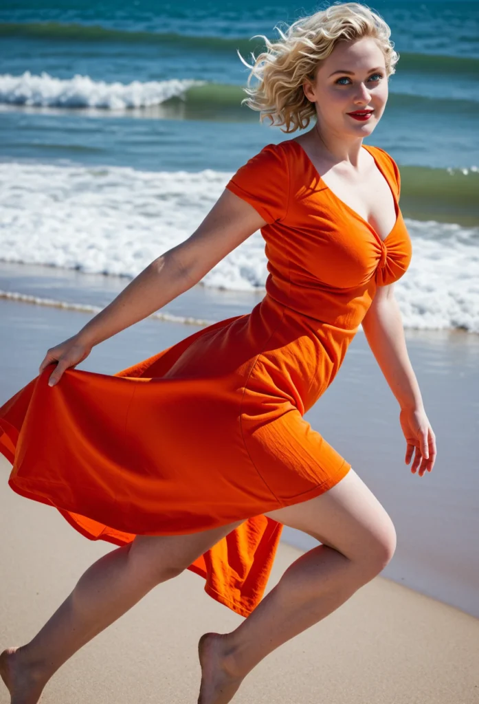 The image shows a woman in an orange dress running on the beach, with the sea and sky in the background.