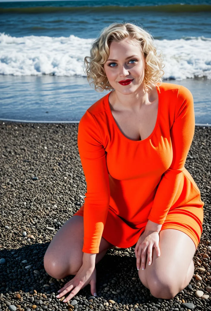 The image shows a woman in an orange dress sitting on the beach, surrounded by stones. The backdrop of the image is a large body of water, with a cloudy sky above.
