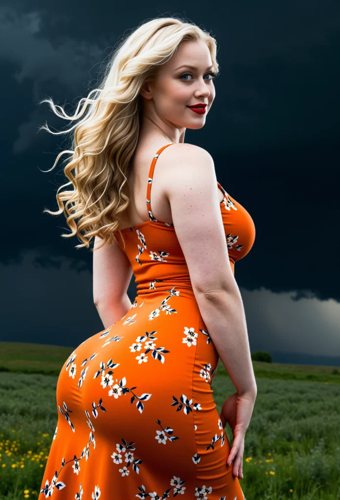 The image shows a woman in an orange dress standing in a field of yellow flowers, with a cloudy sky in the background.