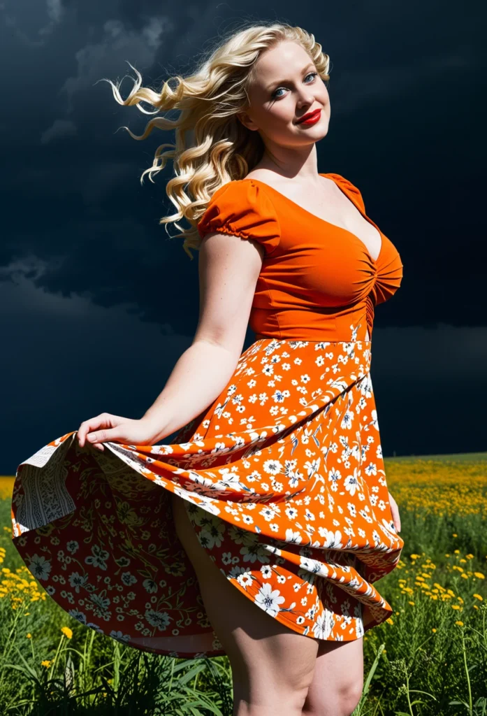 The image shows a woman in an orange dress standing in a field of yellow flowers, with a bright blue sky and fluffy white clouds in the background.