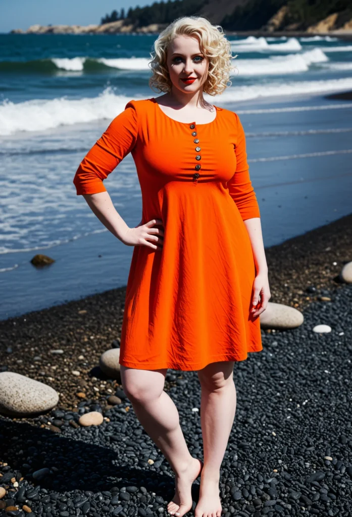 The image shows a woman standing on a beach next to the ocean, wearing an orange dress. The background of the image is filled with stones, water, hills, trees, and a clear blue sky.