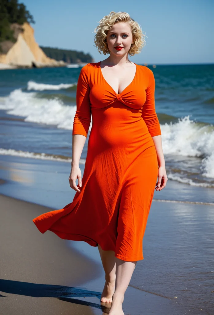 The image shows a woman in an orange dress walking on the beach, with the sea in the background, a hill on the left side, and a clear blue sky above.