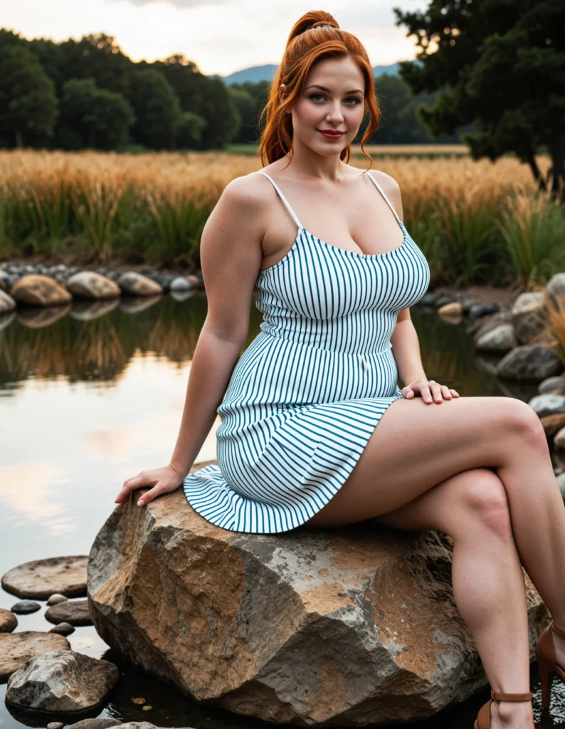 The image shows a woman sitting on top of a rock next to a body of water, surrounded by lush green grass, tall trees, rolling hills, and a bright blue sky. She is wearing high heels, adding a touch of elegance to her look.