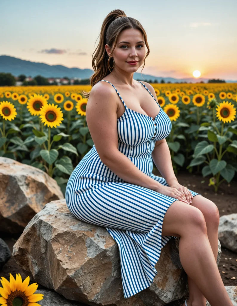 The image shows a woman in a blue and white striped dress sitting on a rock surrounded by sunflowers. In the background, there are trees, mountains, and a clear blue sky with the sun shining brightly.