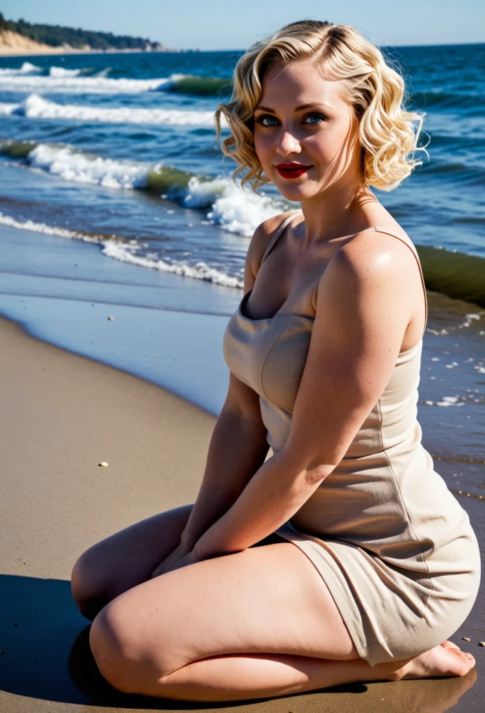 The image shows a woman sitting on the beach in a beige dress, with the sea in front of her and a hill and sky in the background.