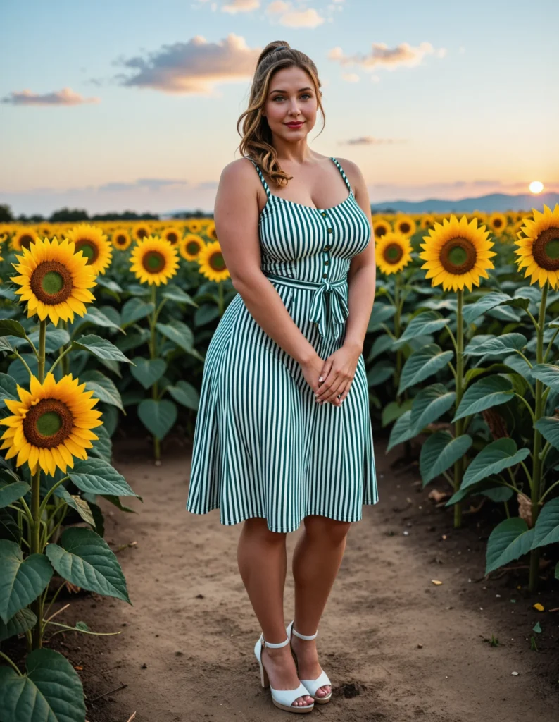 The image shows a woman standing in a field of sunflowers at sunset, with a bright blue sky and fluffy white clouds in the background. She is wearing a dress and sandals, and her hair is pulled back in a bun.