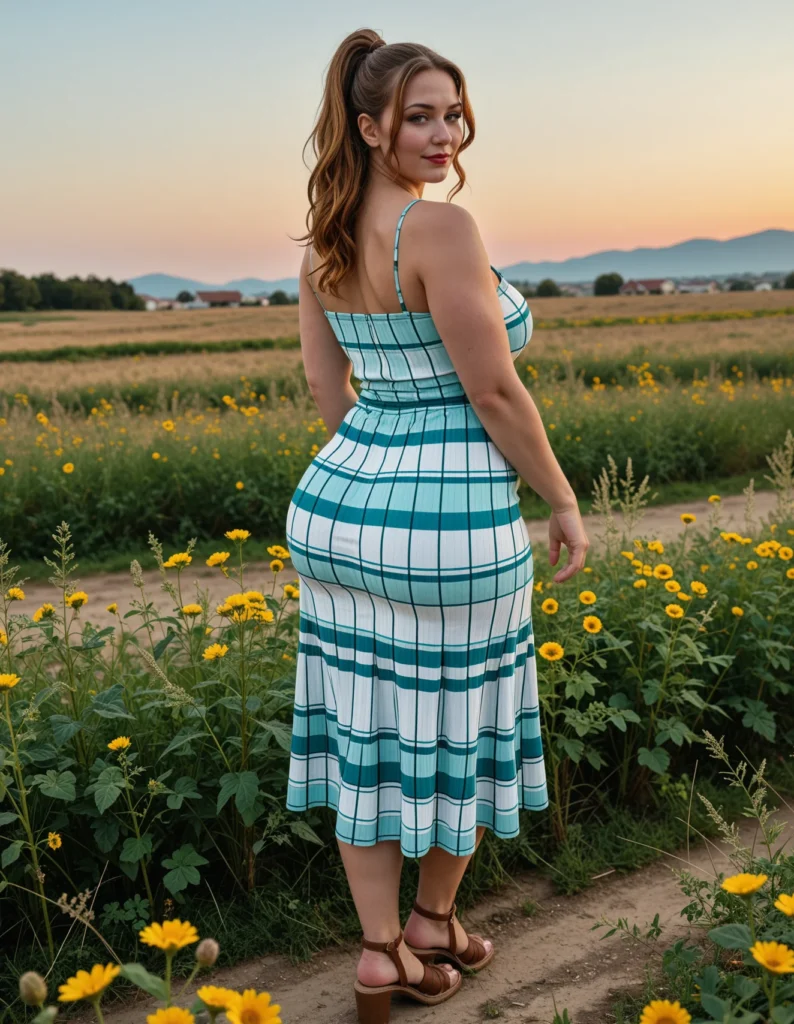 The image shows a woman standing in a field of yellow flowers, wearing a green and white plaid dress. The background of the image is filled with lush green plants, trees, and mountains, and the sky is a beautiful mix of blue and white.