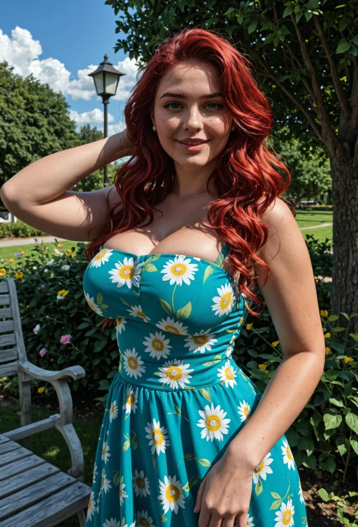 The image shows a woman with red hair wearing a green dress standing next to a wooden bench surrounded by plants with flowers, grass, a group of trees, a street pole, and a cloudy sky.