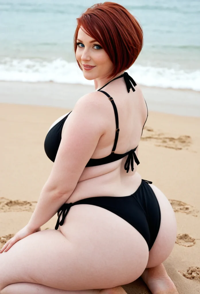 In this image I can see a woman is sitting on the sand. In the background there is water.