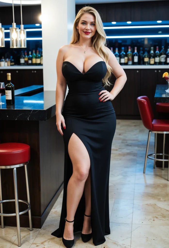 The image shows a woman in a black dress standing in front of a bar, smiling. On the left side of the image there is a table with a wine bottle and a glass on it, and on the right side there are chairs and a table. In the background there are wine bottles arranged in a rack and lights hanging from the ceiling.