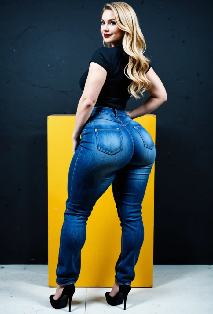 The image shows a woman standing on a yellow box with her back to the camera, wearing a black top and a pair of plus size jeans. The background of the image is a wall.