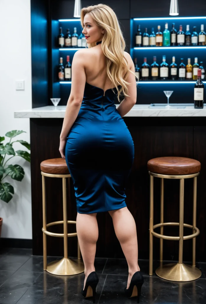 The image shows a woman in a blue dress standing in front of a bar, surrounded by stools, glasses, bottles, and lights. On the left side of the image, there is a plant, adding a touch of greenery to the scene.