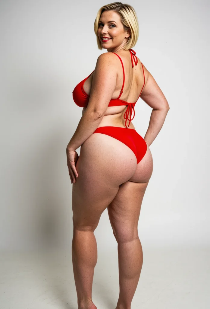 In this image we can see a woman standing on the floor and posing for a photo and the background is white in color.