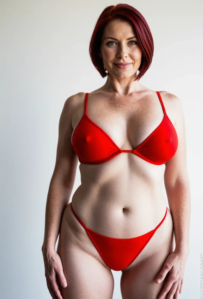 In this image we can see a woman standing and posing for a photo and the background is white in color.