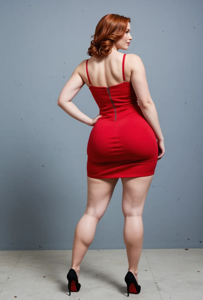 The image shows a woman standing on the floor in a red dress and high heels, posing for a picture. The dress is a plus size, with a flattering silhouette and a flattering fit that accentuates her curves. The vibrant red color of the dress stands out against the neutral background, making it the focal point of the image.