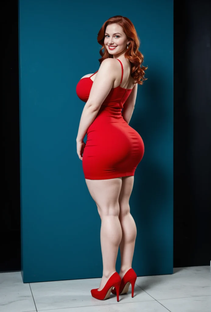 The image shows a woman in a red dress standing on the floor with a bright smile on her face, posing for a picture in front of a blue wall.