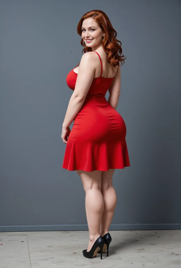 The image shows a woman in a red dress standing on the floor with a smile on her face, posing for a picture in front of a wall.