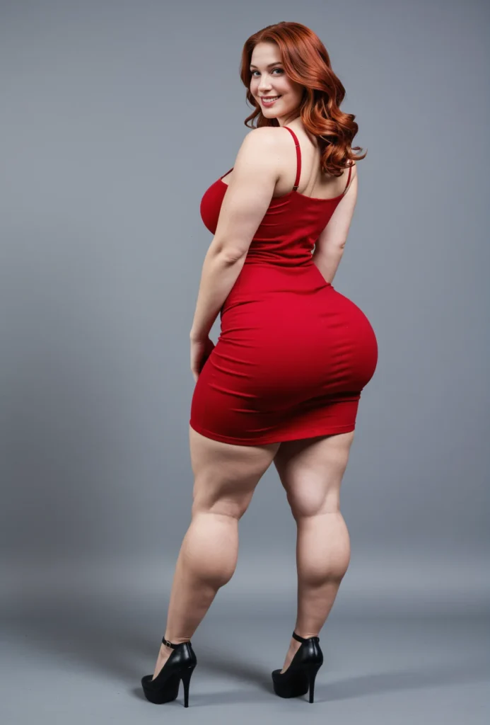 The image shows a woman in a red dress and black high heels standing and posing for a picture. She is wearing a plus size dress that accentuates her curves and gives her a flattering silhouette. Her hair is styled in a sleek bob and her makeup is subtle and natural. She looks confident and poised, ready to take on the world.