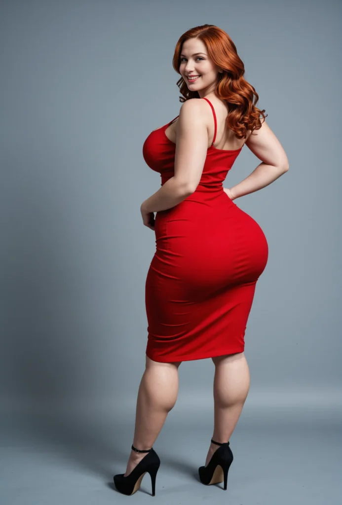 The image shows a woman in a red dress and black high heels, smiling and striking a pose for the camera. She is wearing a plus size dress that accentuates her curves and her hair is styled in a sleek, straight look. Her makeup is subtle and natural, and her posture is confident and poised.