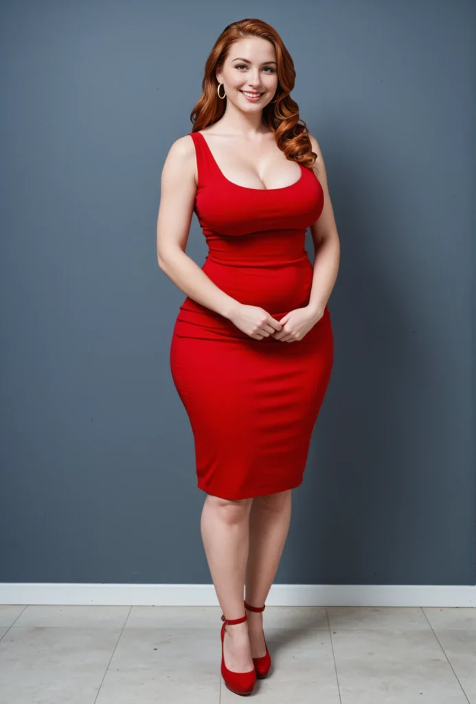 The image shows a woman in a red dress standing on the floor with a smile on her face, posing for a picture in front of a wall.