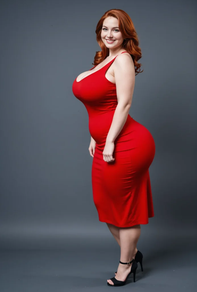 The image shows a woman in a red dress with a smile on her face, posing for a picture. The dress is a plus size, with a flattering silhouette that accentuates her curves. The vibrant red color of the dress stands out against the neutral background, making her the focal point of the image.