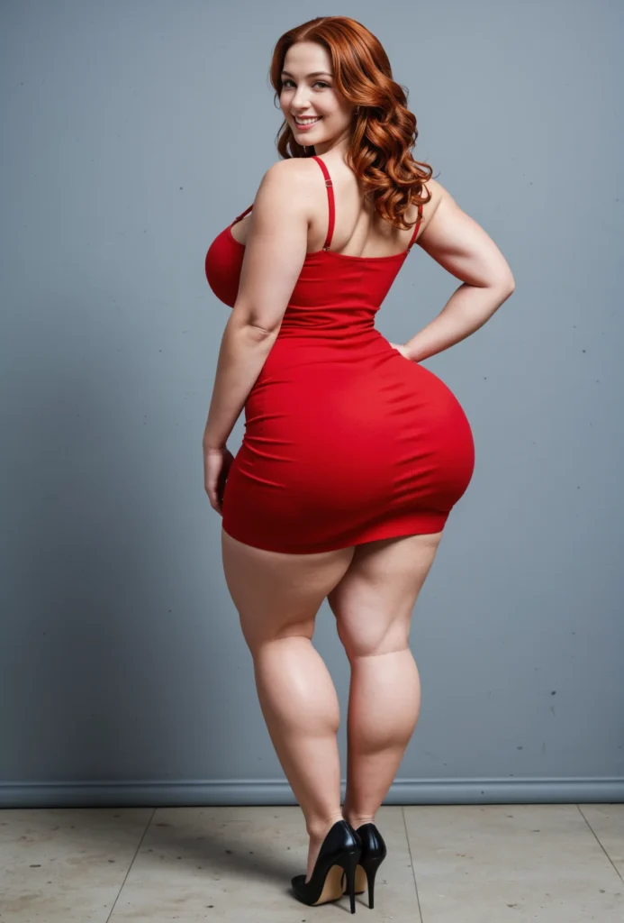 The image shows a woman in a red dress standing on the floor with a smile on her face, posing for a picture in front of a wall.