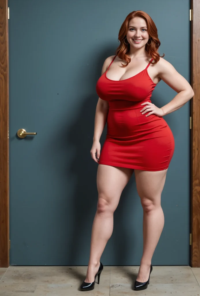 In this image we can see a woman standing on the floor and smiling. In the background there is a door.
