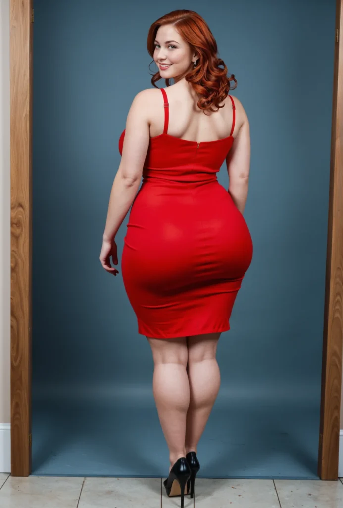 The image shows a woman in a red dress standing in front of a door with a smile on her face, posing for a picture. She is wearing a plus size dress that accentuates her curves and gives her a flattering silhouette. The background of the image is a wall, adding to the overall composition.